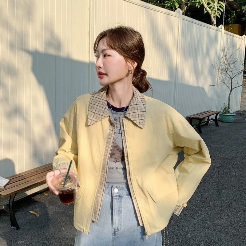 

Женская короткая желтая джинсовая куртка в клетку, весна-осень 2022, повседневная рабочая одежда в американском стиле Харадзюку, модная верхняя одежда