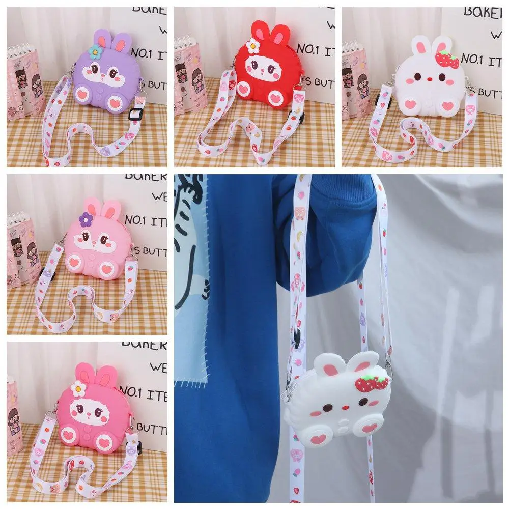 Cute Multifunctional Rabbit Silicon Bag Zipper Purse Y2K Cartoon Coin Purse Earphone Bag Card Holder Rabbit Shoulder Bag Ladies