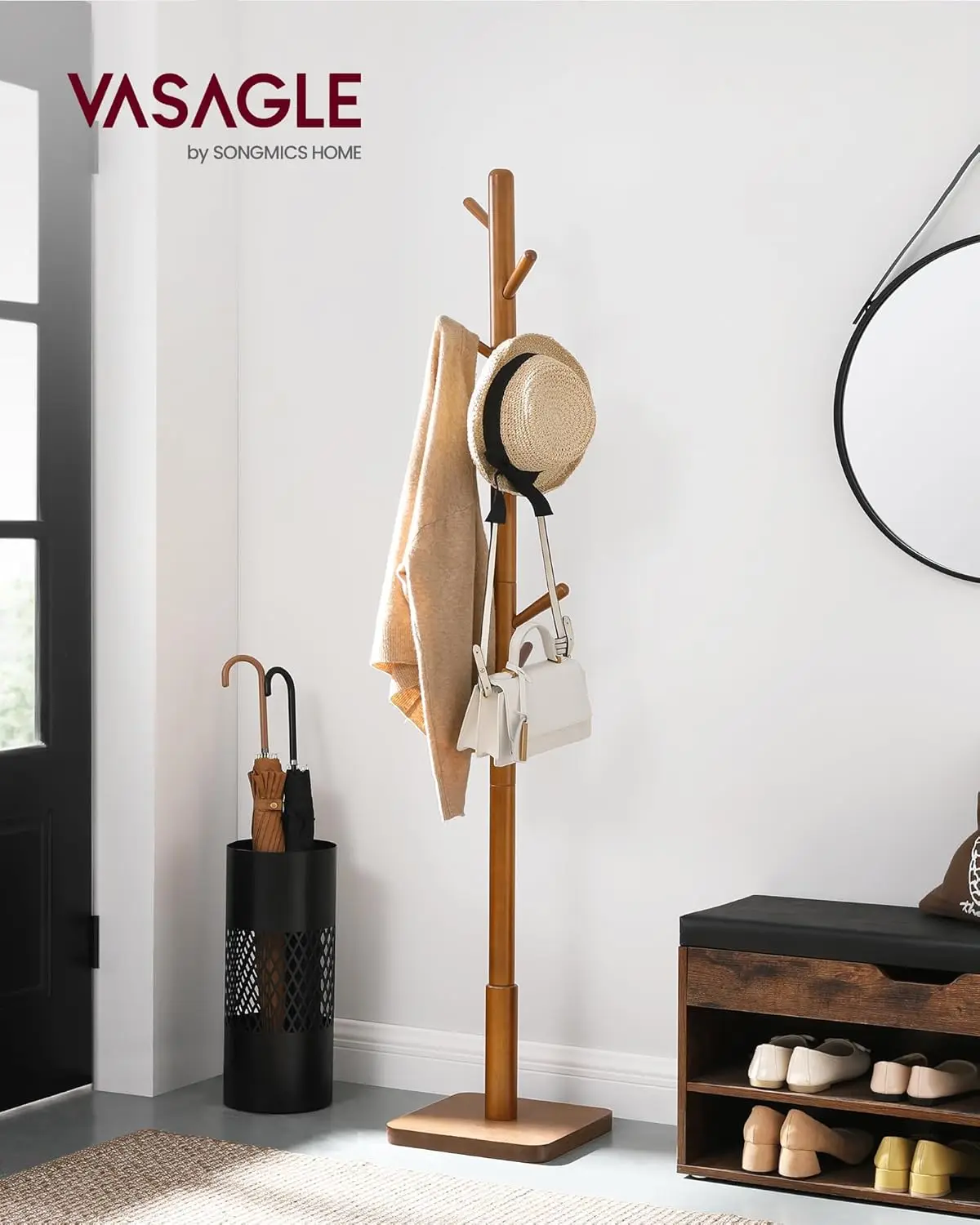 Solid Wood Coat Rack with 8 Hooks, 3 Height Options, Rubberwood Pole, Dark Walnut for Entryway Hallway