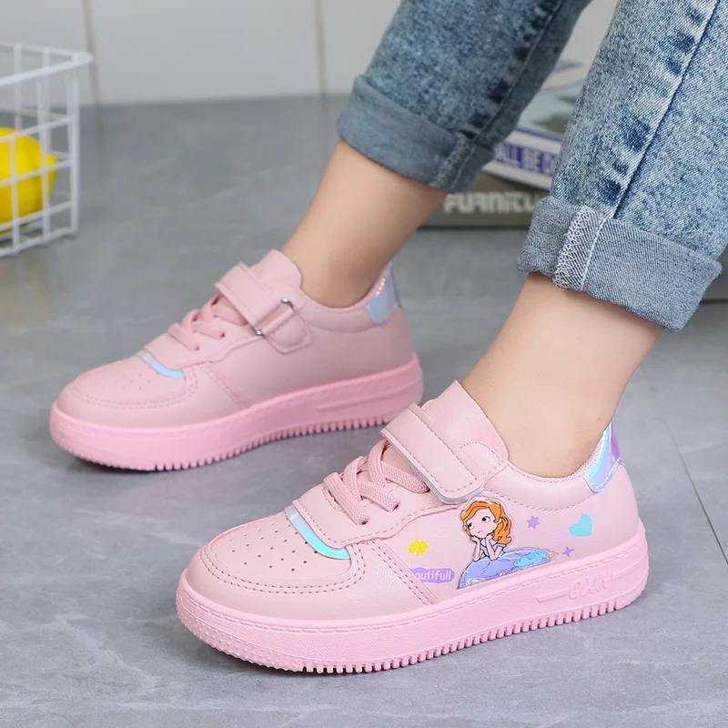 Moda bambini Cartoon Sports Superlight Shoe PU Leather Princess Girl White Sneakers primavera Autumu Casual Child Flat Running Shoe