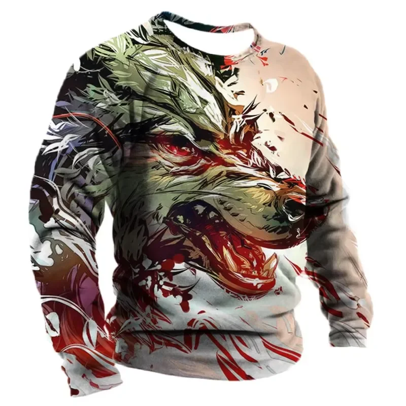 3D Printed Casual Long Sleeve Men's T Shirt 2026 Winter Wolf Animal Print Oversized Streetwear Fashion Tops Tees Clothing