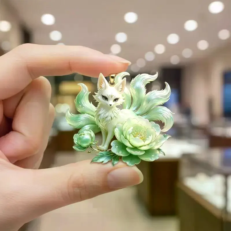 Nine Tailed Fox Pendant Necklace Artistic Peony Flower Pattern Jewelry for Women Art Lovers Gift