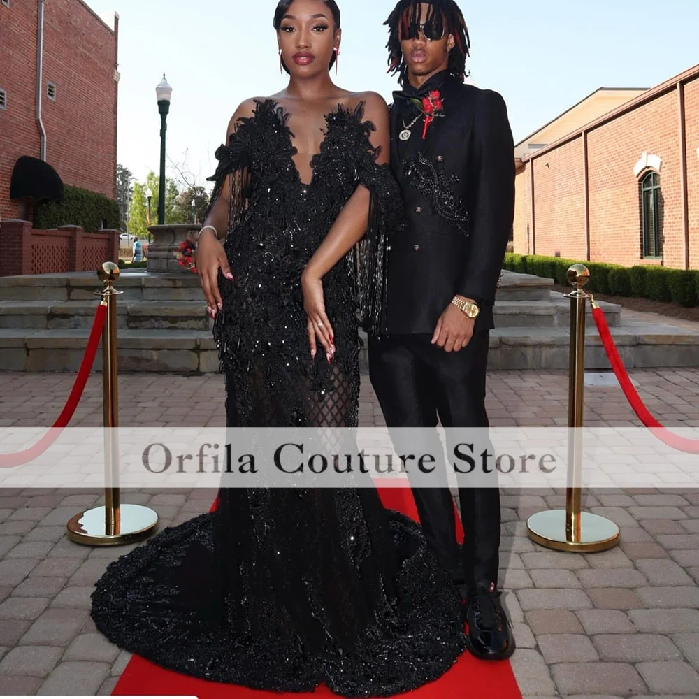 Black Charming Prom Dress With Sparkle Beaded Sequins Long Mermaid Formal Occasion Evening Party Dresses Dinner Gowns Customized