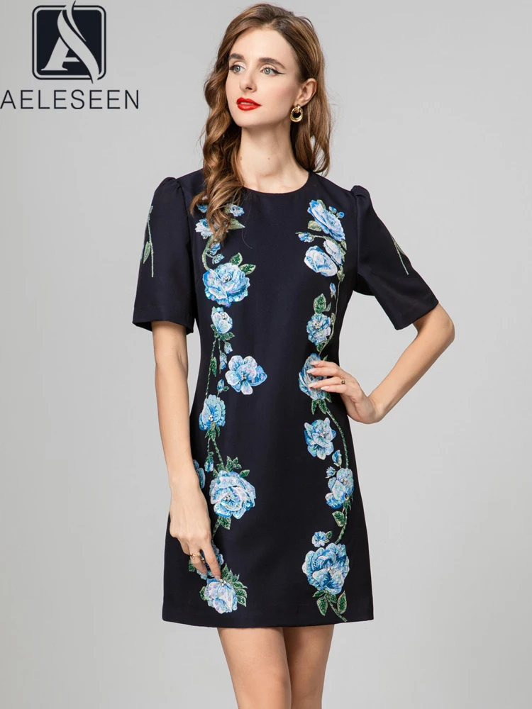 

AELESEEN Vintage Summer MIni Dress Designer Fashion Short Sleeve Blue Flower Embroidery Sequined Slim Casual High Street