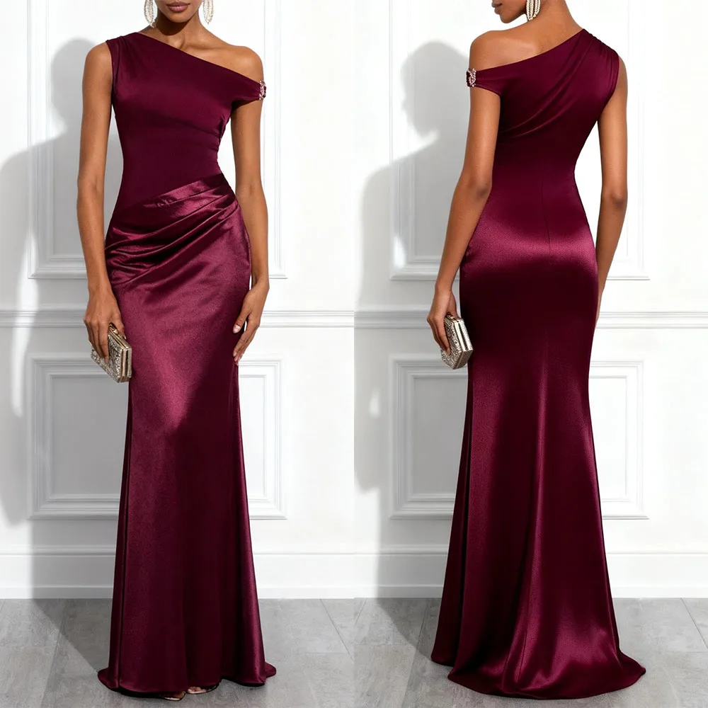 High Quality Customized Off Shoulder Floor Length A-line Pleat Sleeveless Vestidos Para Bodas Mujer Invitada Evening Dresses