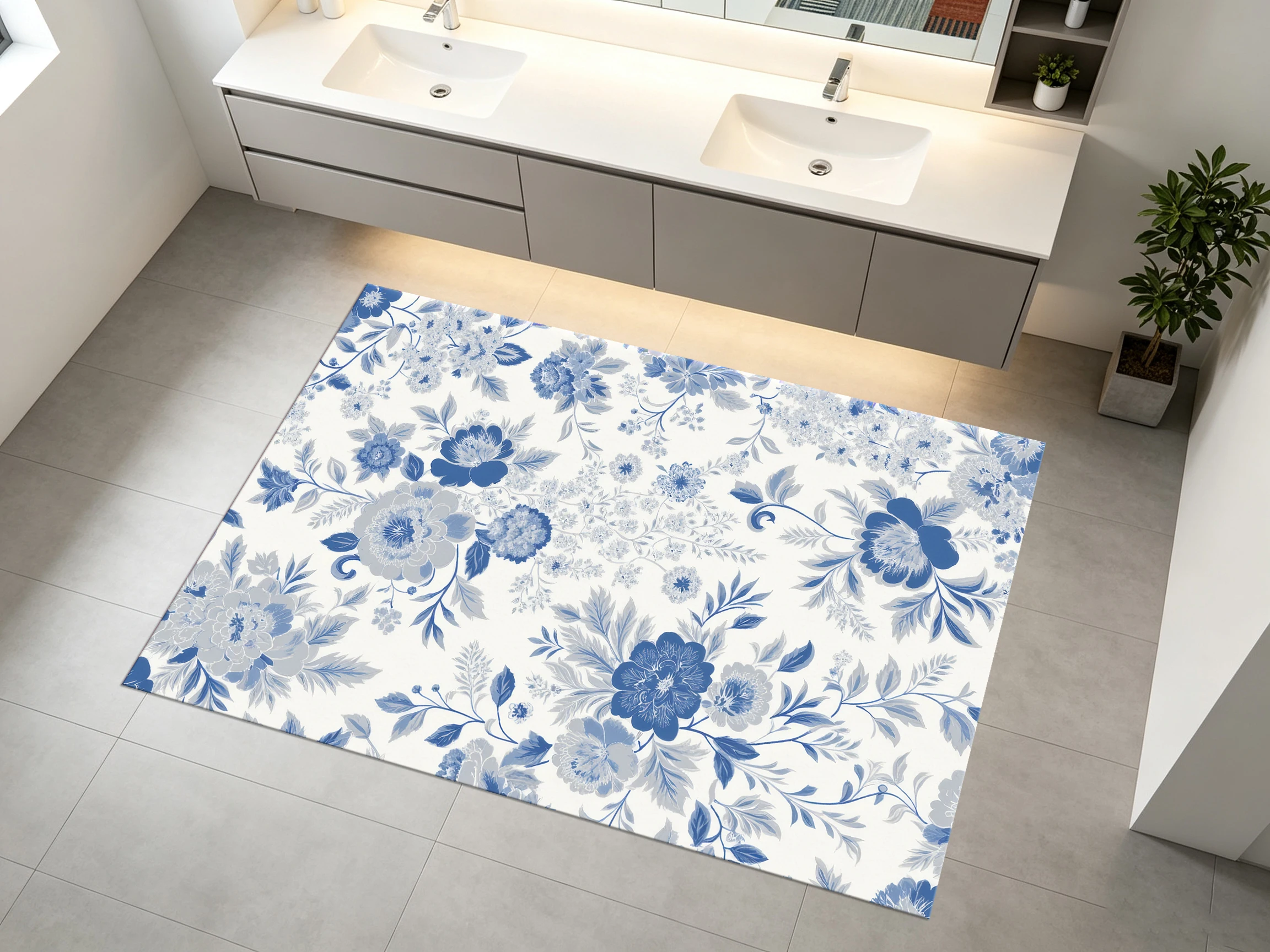 2D Large Blue & White French Floral Rug, Soft & Skin-Friendly, Suitable for Living Room & Bedroom, Enhancing the Space