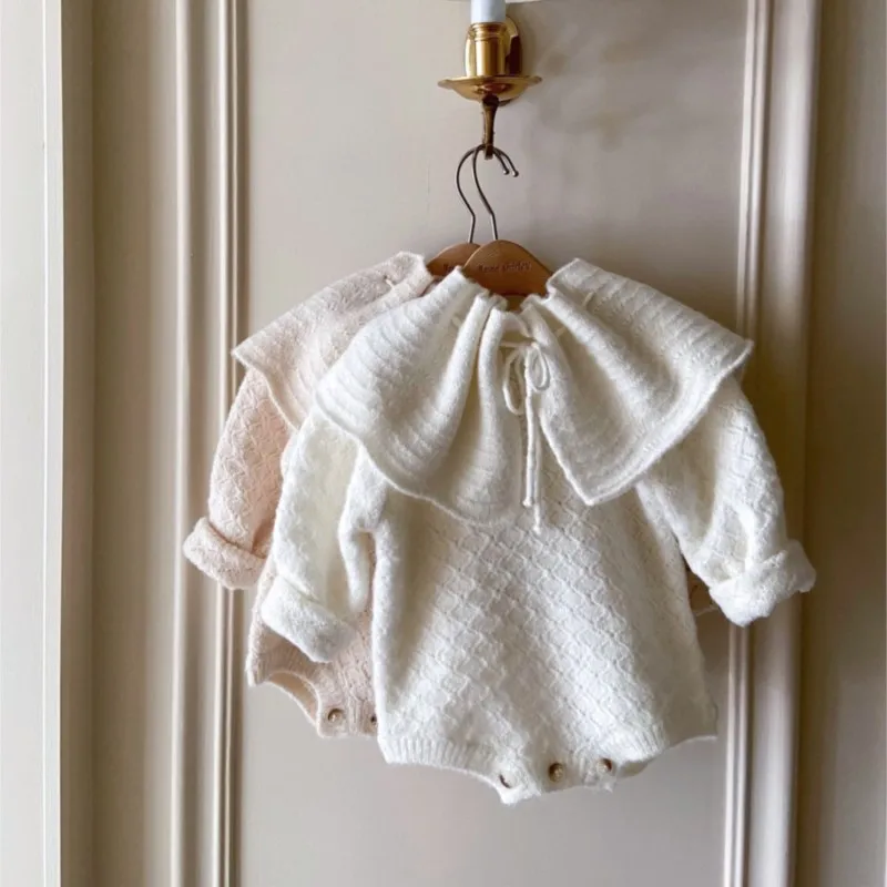 Newborn Baby Girl Solid Knitted Romper+Ruffle Shawl 2PCS Set Infant Toddler Long Sleeve Sweater Jumpsuit Autumn Clothes 3M-18M
