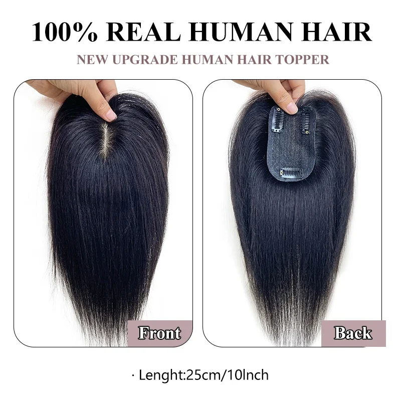 25cm 100% Human Hair 7X10cm Hairnet with Bangs Toupee Straight Clip in Hair Extension Improve Volume Topper Women Hair Pieces