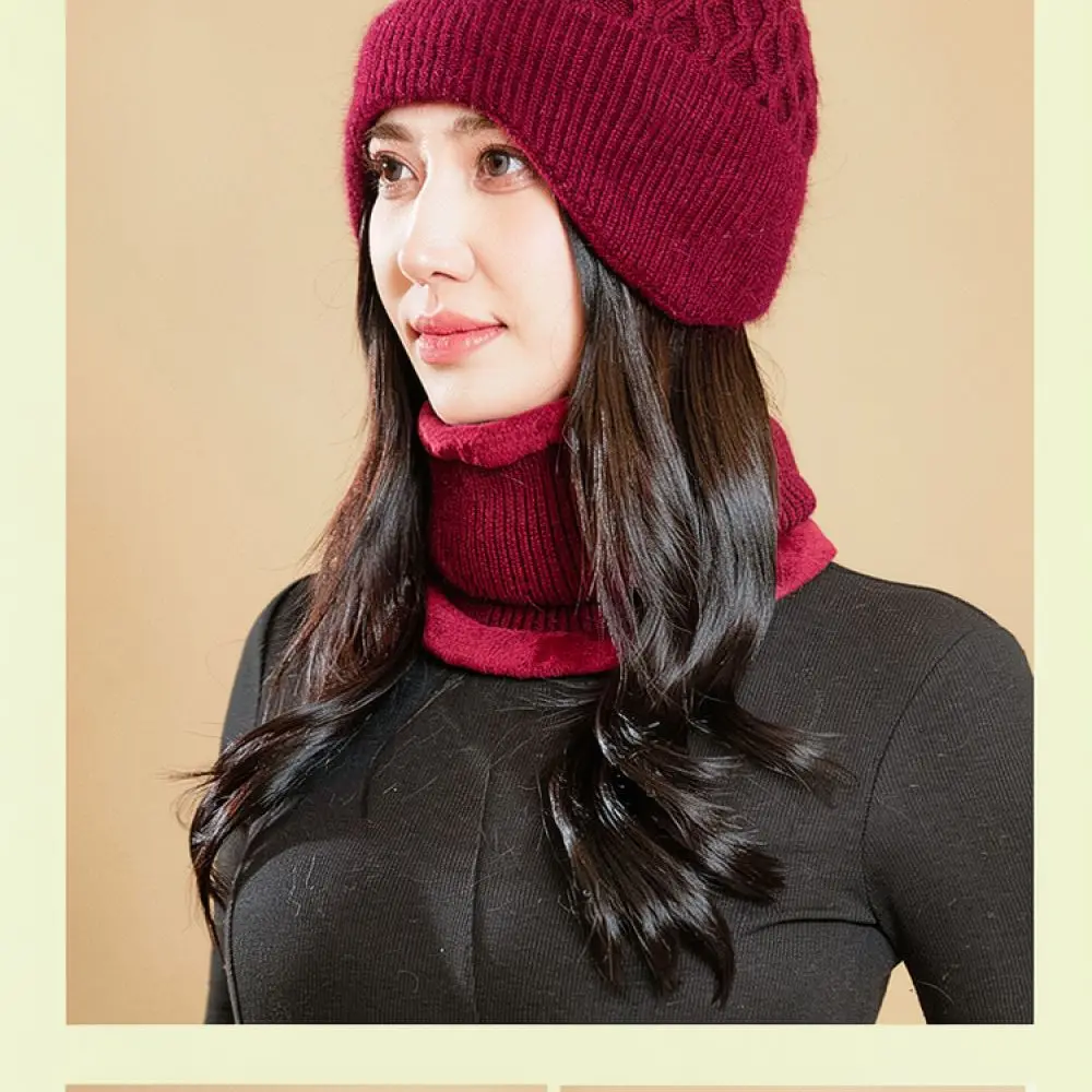 Women Winter Warm Knitted Hat Plush Lined Thickened Cap Scarf Integrated Ear Protection Beanie For Mom Outdoor Cold Resistant