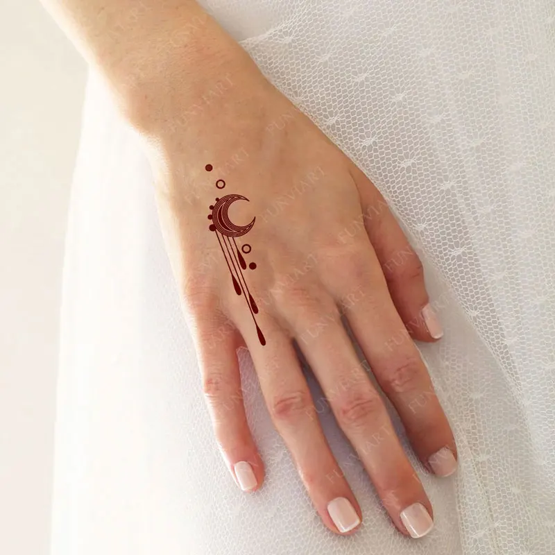 وشم مزيف بنمط القمر للنساء، ملصقات وشم الحناء للاستعمال مرة واحدة لورق زهرة اليد، وشم مؤقت لديكور الجسم في رمضان