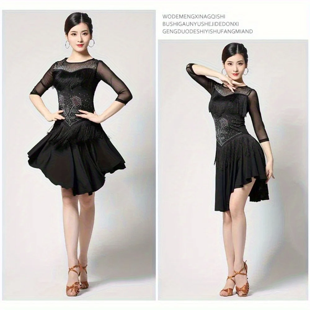 Costume de salle de bal à franges pour femmes, col rond en dentelle, manches 1/2, robe de danse latine Tango Salsa avec short, strass déco rouge brillant