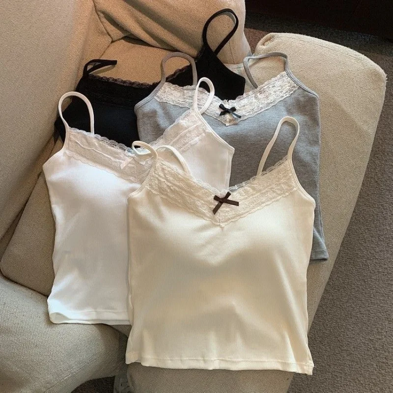 

Sexy Lace Trim Camisole with Built-in Bra Cropped Slim Fit Sleeveless Top for Girl Bow Detail Layering Tank Hot Girl Pure Style