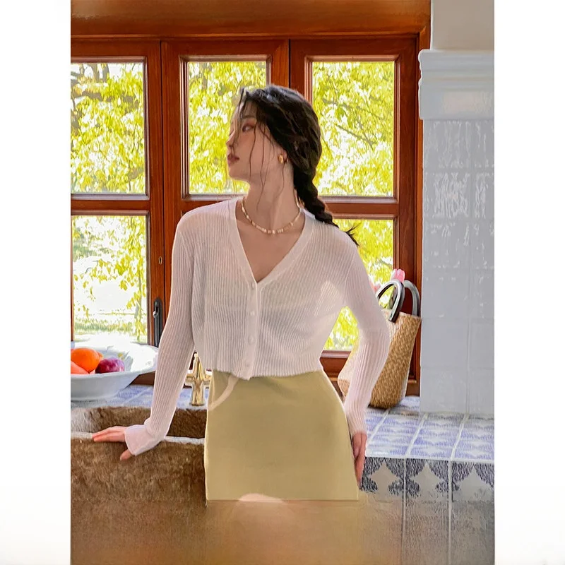 

Ультратонкий вязаный кардиган-накидка для кондиционера с микро-открытыми плечами, дизайн Pure Desire, модный, летний, новинка