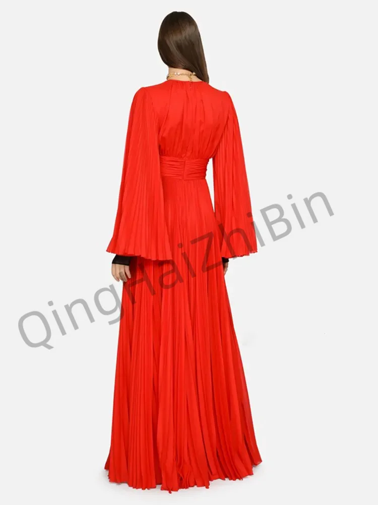 

Fashion Women Evening Dress O-neck Chiffon With Tulle Long Sleeve A-Line Pleated High Elegant Party Dresses Autumn 2023 New