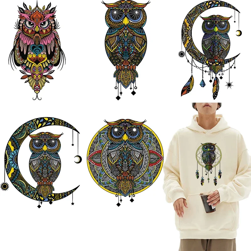 Iron on Patches Hand drawn owl crescent wind chimes Heat Transfer Clothes Thermal transfer stickers Decoration Printing