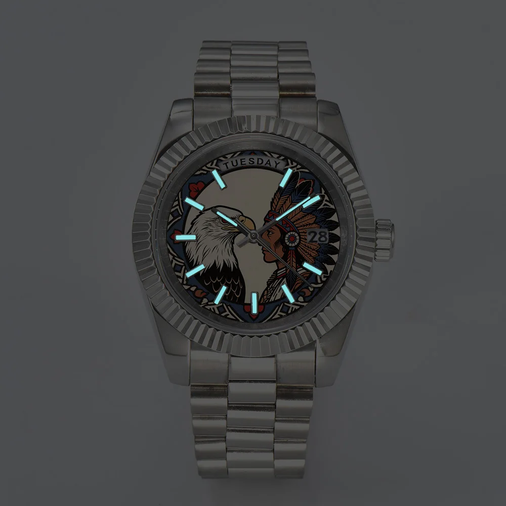 36mm/40mm Creativo personalizzato 8285 orologio Stampa modello a colori Orologio da uomo quadrante Blu luminoso Miyota8285 Movimento orologio fai da te per uomo