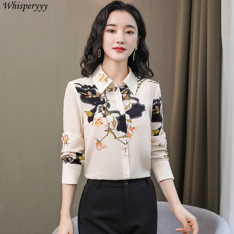 موضة قميص مطبوع المرأة ربيع الخريف واحدة الصدر طويلة الأكمام بلايز أنثى عادية Blusas Mujer بدوره إلى أسفل طوق قميص