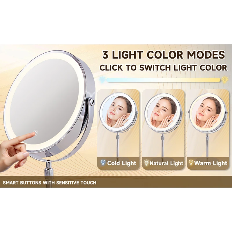 8 Inch LED Makeup Lights with Mirror 5X Magnification Double-Side High-Definition 3 Color Lights Source Vanity Lamp Standing