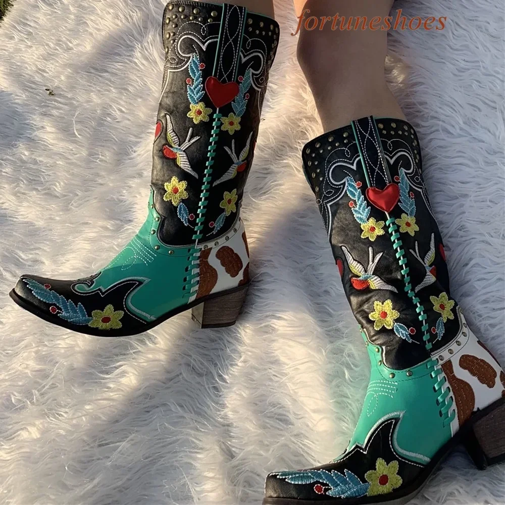 

Chunky Heel Pointed Toe Women Boots Embroidered Print Mid Calf 2025 Newest Mixed Color Boots Fashion Casual Spring/autumn Boots