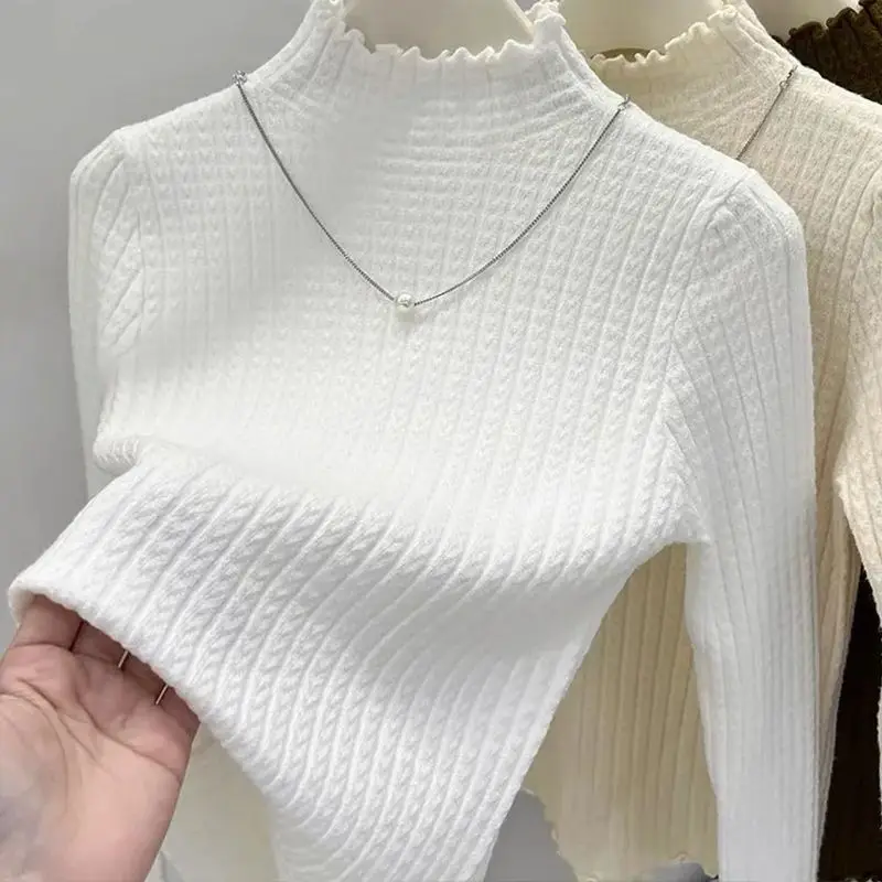 2025 Autumn Winter Turtleneck Ruffles Sweater Women Long Sleeve Knitted Simple Base Layer Pullovers Women Solid Casual Sweater