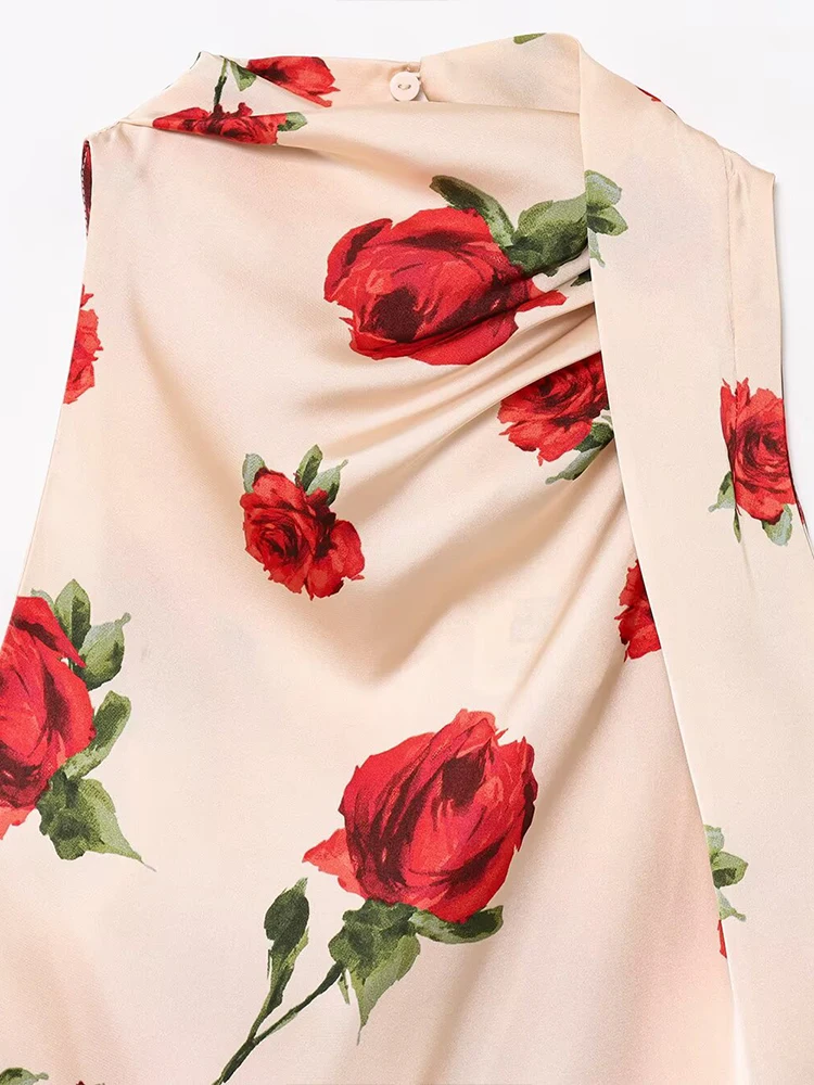 قميص نسائي صيفي جديد على الطراز الأوروبي والأمريكي بقصة ضيقة وطبعة زهور بدون ظهر من الساتان ورقبة رسن بدون أكمام #3