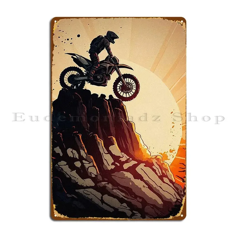 Dirt Biker Stunt On Top Of A Ridge Against The Sunset Anime Style Metal Plaque Poster Garage Club Customize Kitchen Create