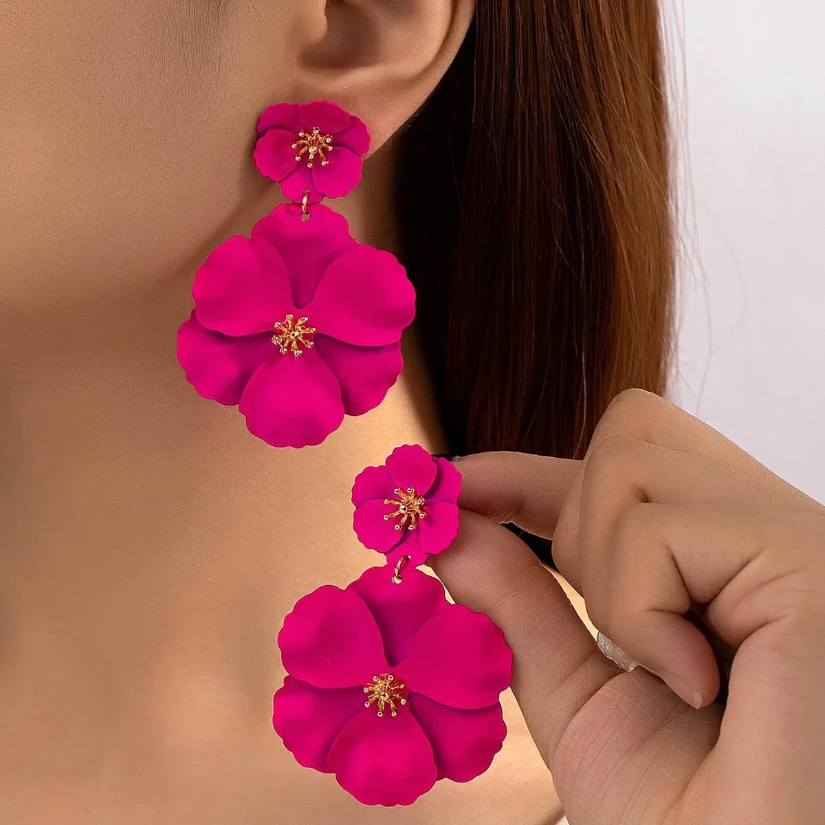 

2024 Bohemia Fashion Big Flower Drop Earrings for Women Wedding Vintage Long Colorful Double Layer Enamel Floral Post ear clip