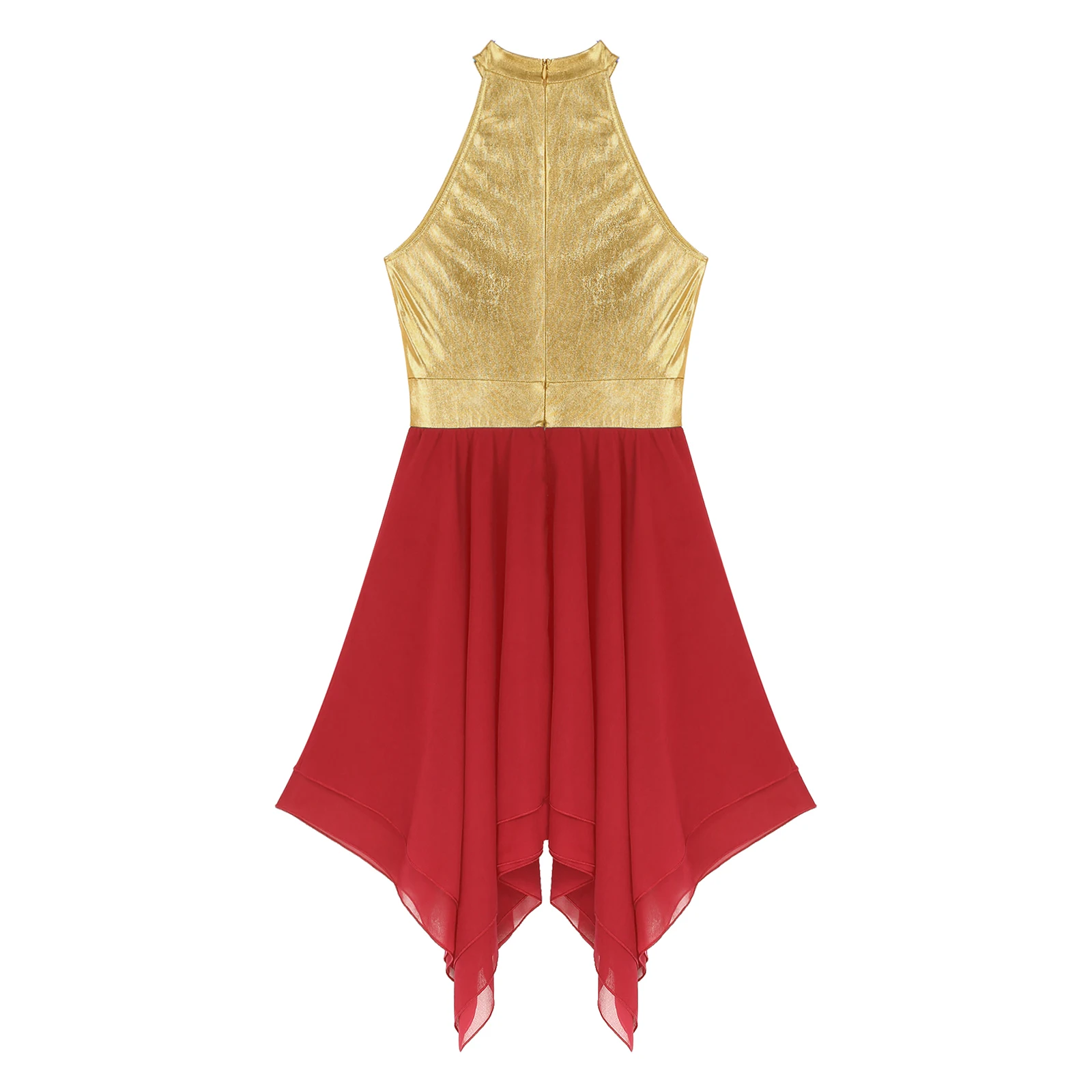 ‌Women’s Soft Chiffon Waltz Dance Dress Round Neck Comfortable Stretchy Flowy Skirt for Lyrical Dance Stage Special Occasions