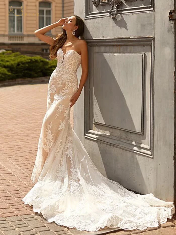 فستان زفاف FL&AEVVE مخصص على شكل قلب فساتين عرائس حورية البحر مع ذيل محكمة فاخر لحفلات الزفاف