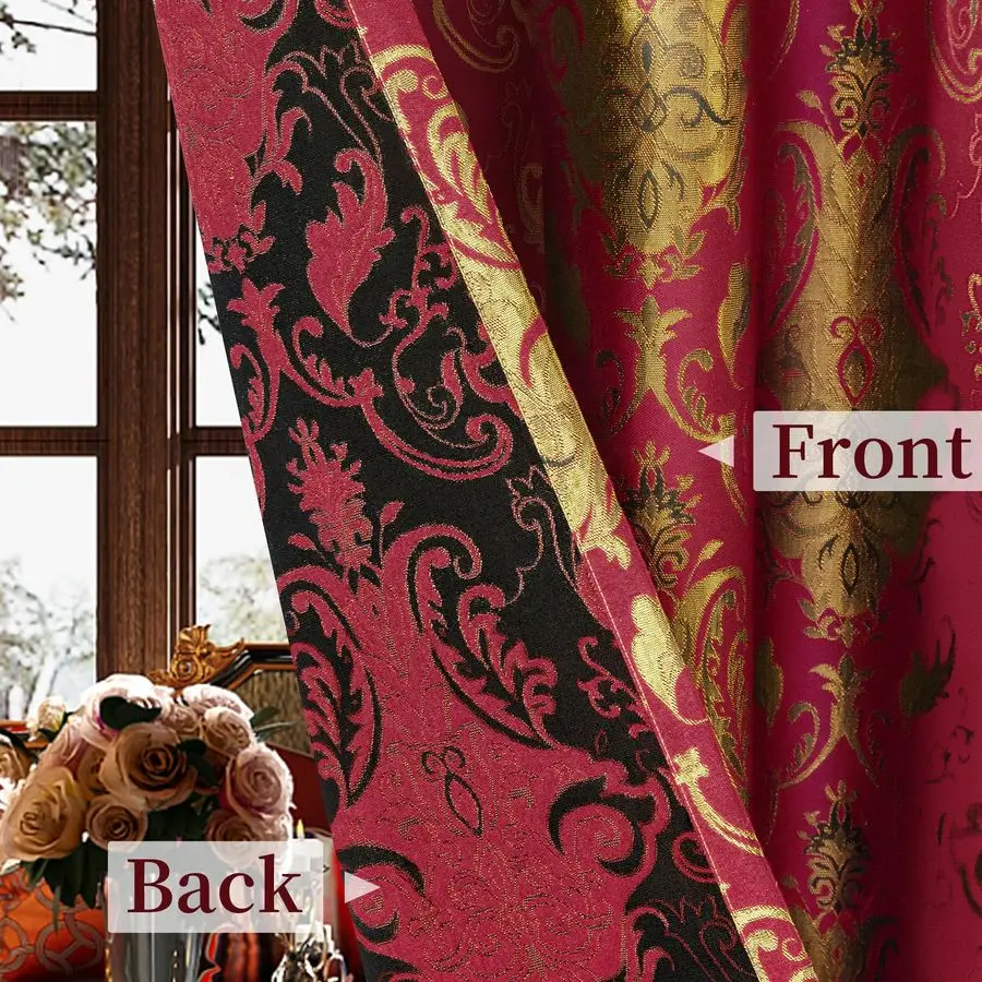 Rideaux de fenêtre en damassé rouge de luxe avec cantonnières et attaches en cascade, rideaux occultants classiques en jacquard 2 panneaux pour