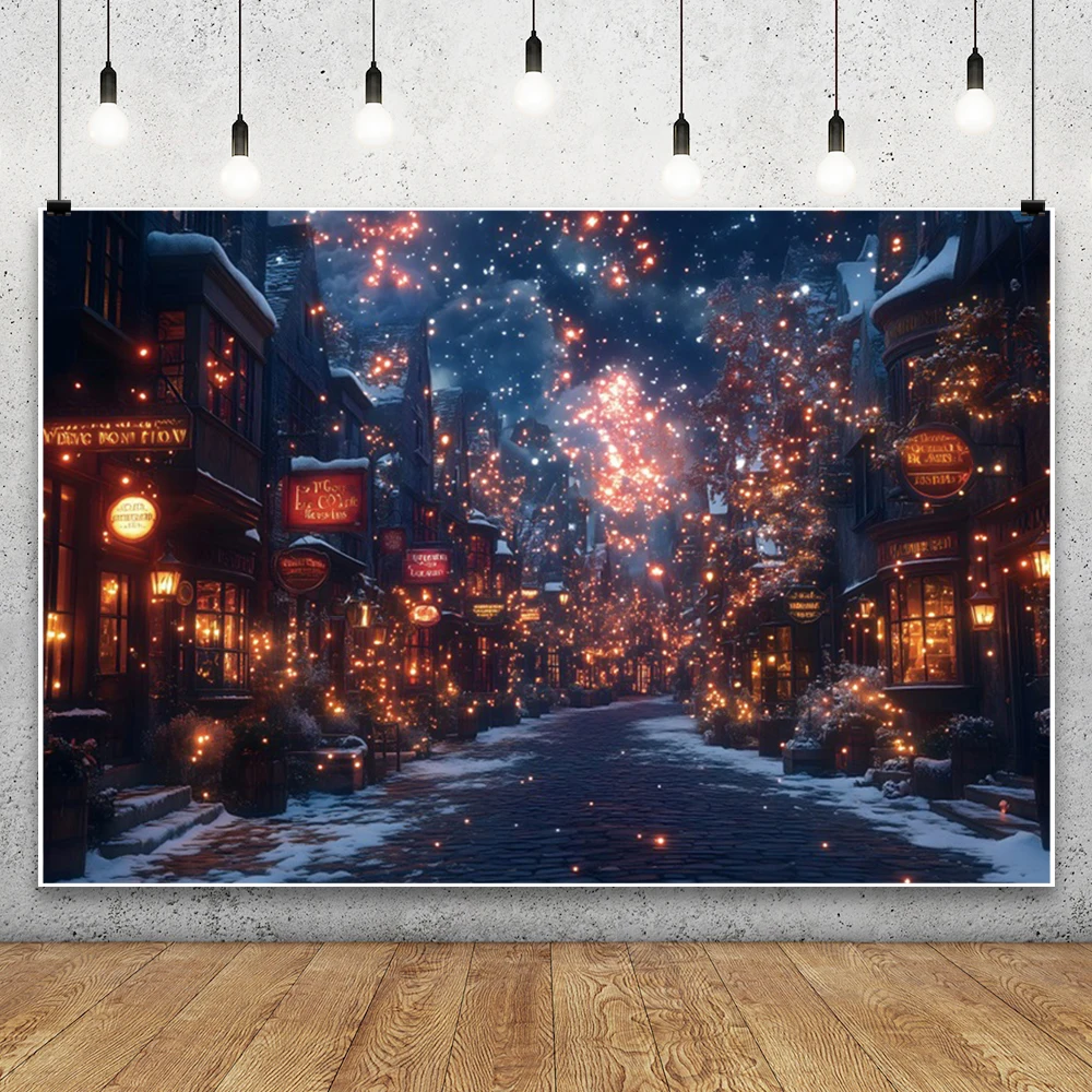 Winter Christmas Glitter Town Photography Backdrop Street Magic Street Shops New year's Eve Family Party Decor Background Studio