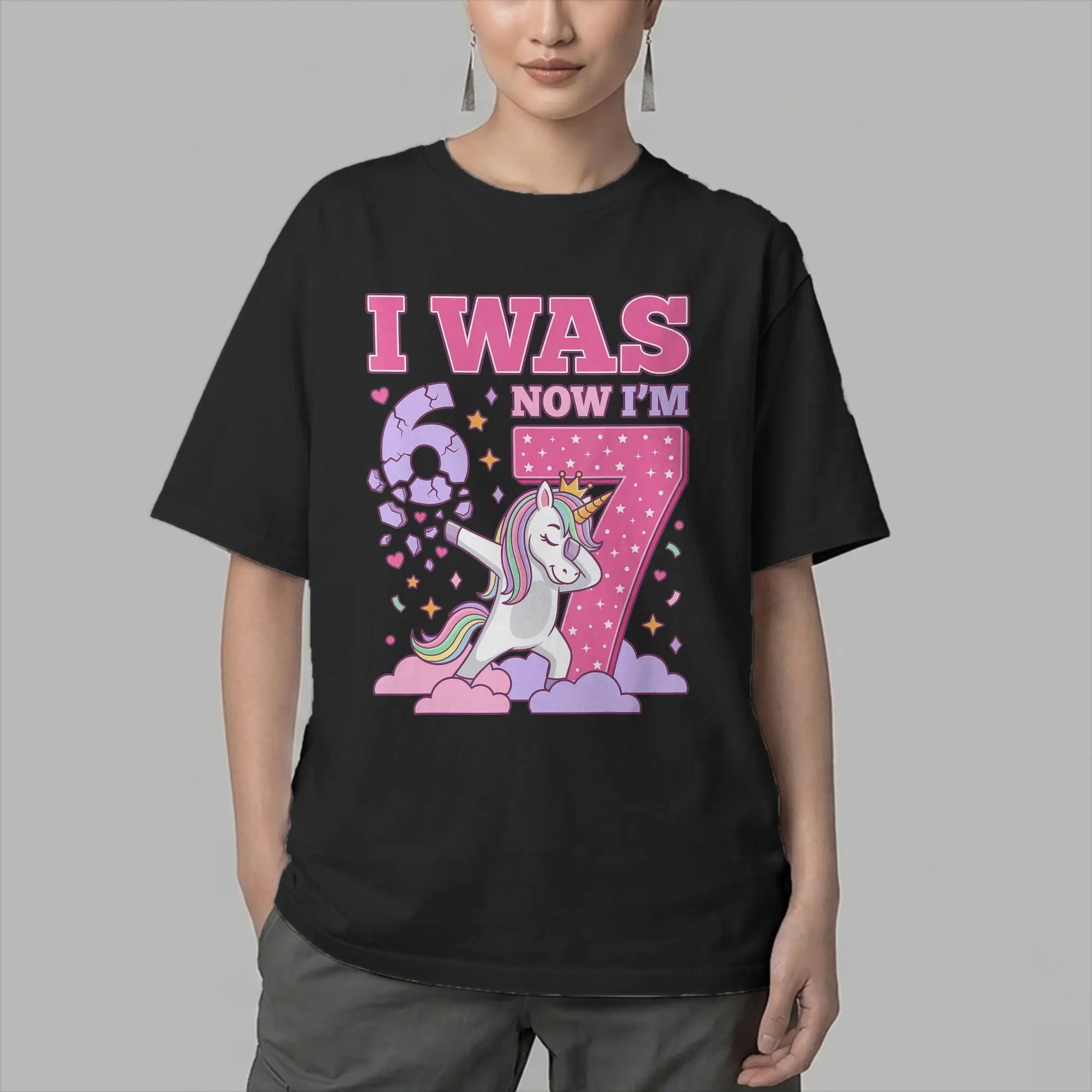 Men's I was 6 Now I'm 7 Unicorn Girl 6 7 Birthday T Shirt 67 Six Seven Meme Cotton Short Sleeve O Neck Tees Printed T-Shirts