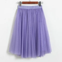 OHRYIYIE Spring Summer Purple Knee-Length Tulle Skirts Women Elastic High Waist Party Pleated Short Tutu Skirt Jupe Longue Femme