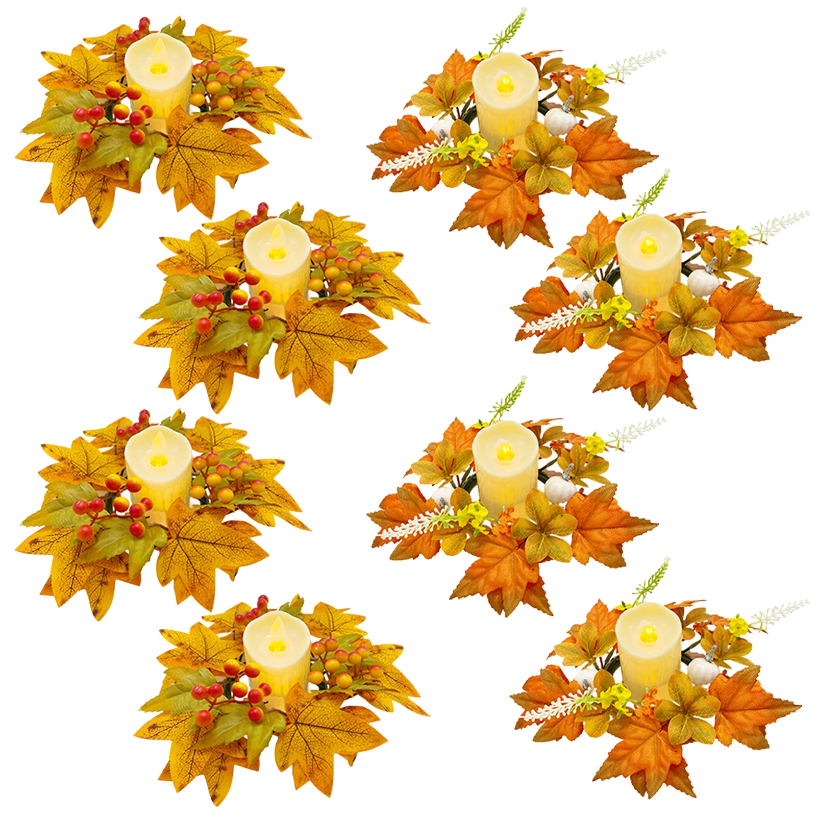 Maple Leaf Candle Ring Harvest Autumn Colors Maple Leaves Pumpkin Berries Artificial Candlestick Ornament Halloween Table Decor