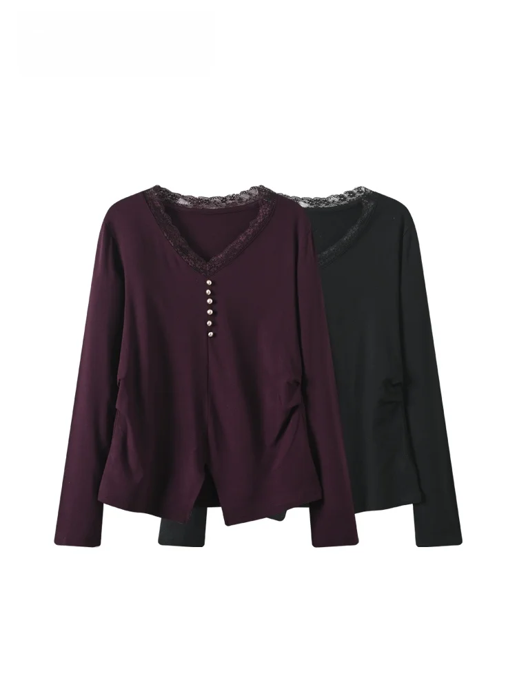 

plus Size Women's Long Sve Knitted Sweater V-Ne Lace Splicing Base irt Autumn Winter New Sle Thiened Fluffy Polyester