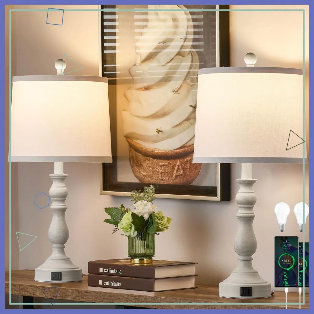 

Набор из 2 настольных ламп в стиле фермерского дома 23 дюйма с USB-портами, ретро-светильники для гостиной, спальни, офиса, 3 цветовые температуры