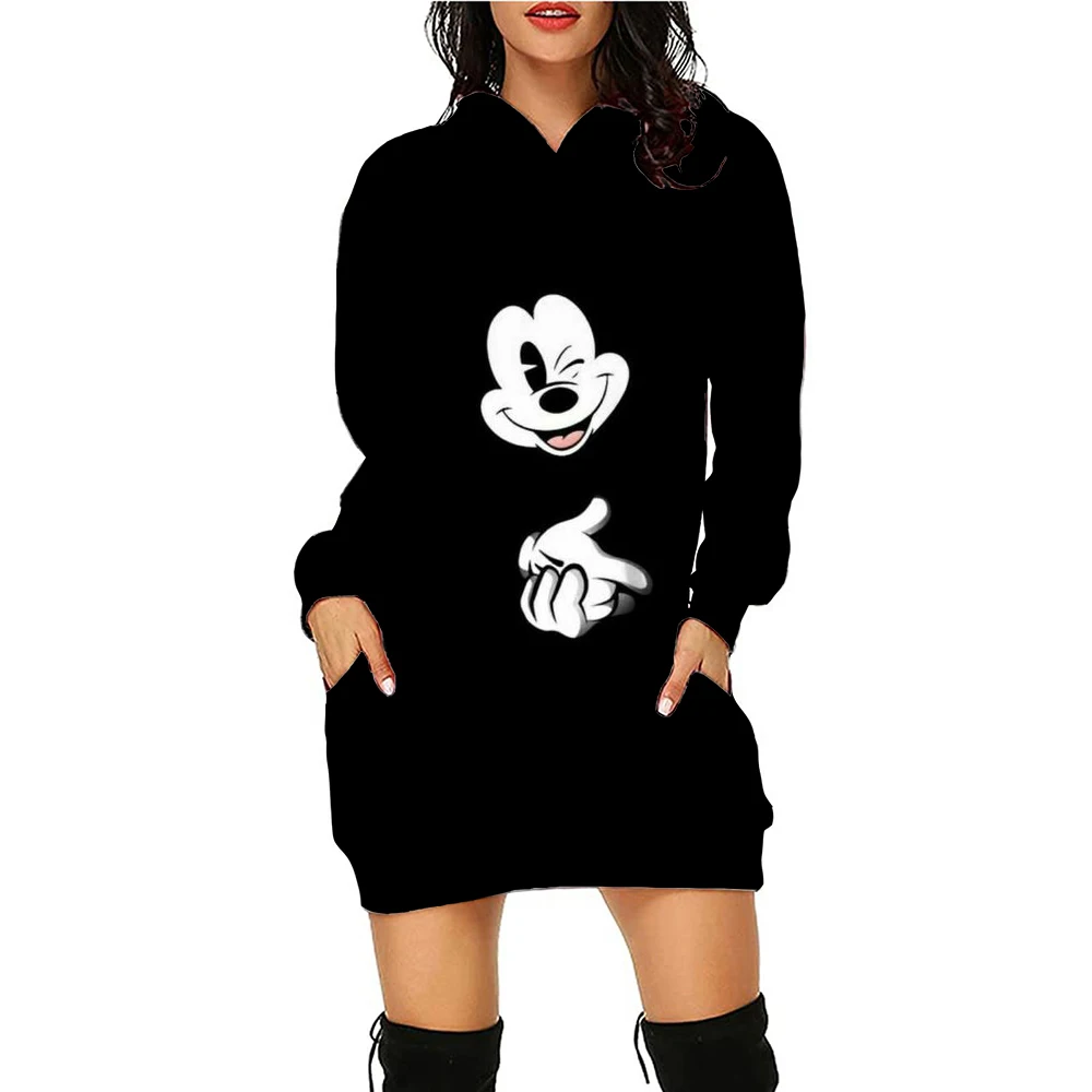 

Disney Mickey Mouse print Womens Dress Fashion Knee-Length Hooded Frock Neckline Sports Autumn DailyCasual Skirt
