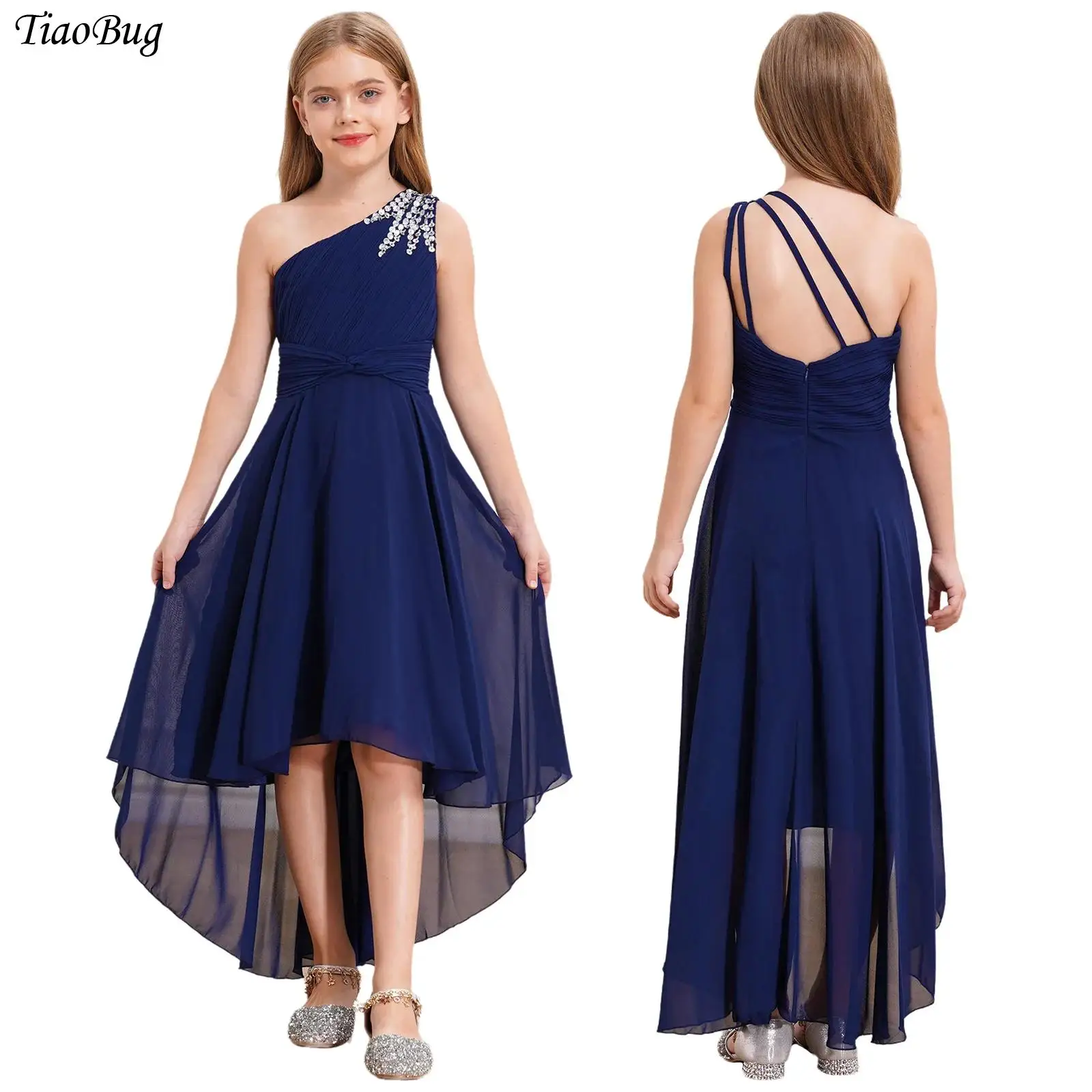 

Kid Girls Shiny Beaded Chiffon Princess Dress One Shoulder Flower Girl Dress Tulle Wedding Party Ball Maxi Dress Evening Proms