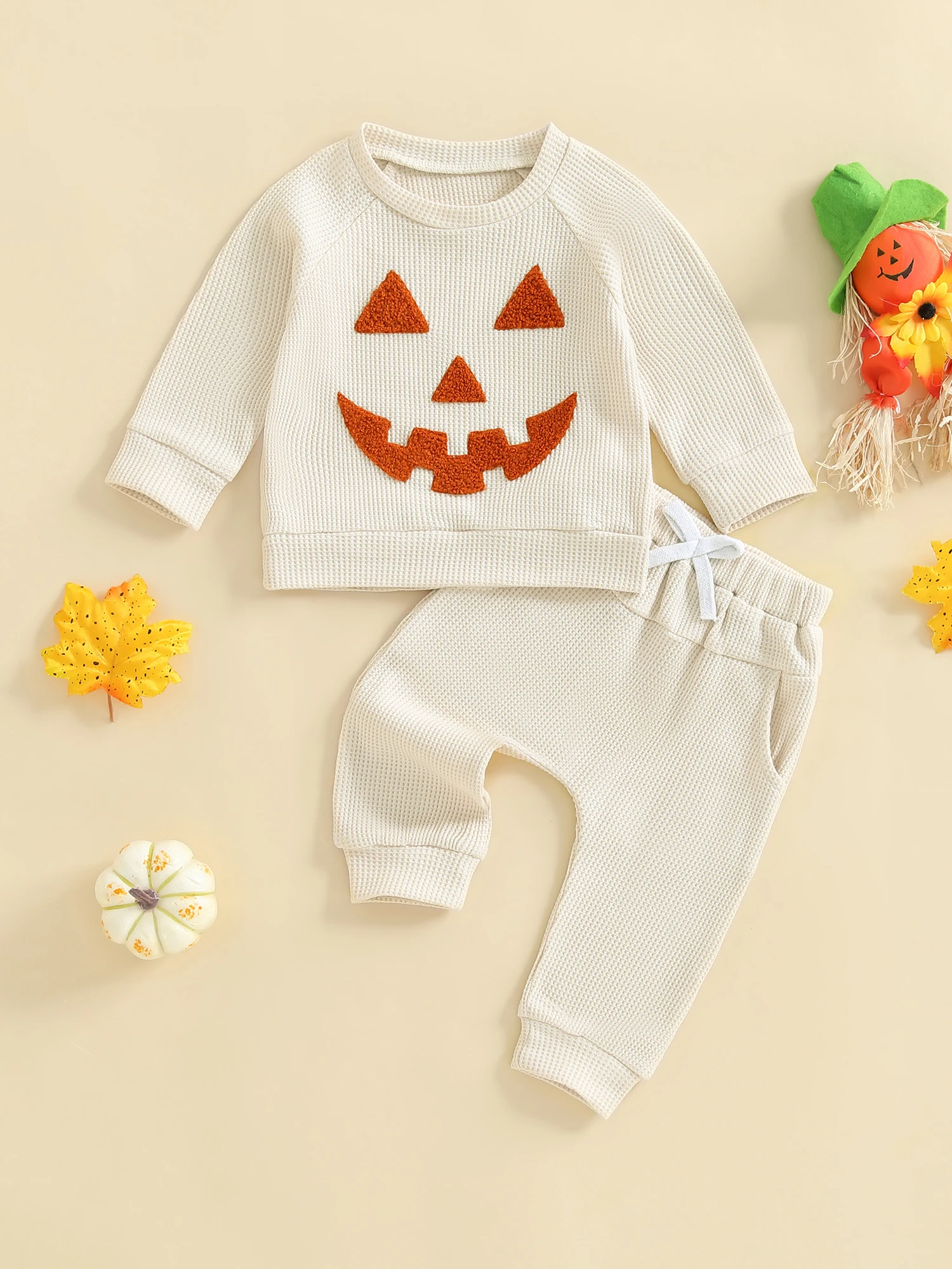 

Комплект костюма на Хэллоуин для младенцев, очаровательный свитер с вышивкой тыквы и штаны в тон, комплект из двух предметов для мальчика или девочки