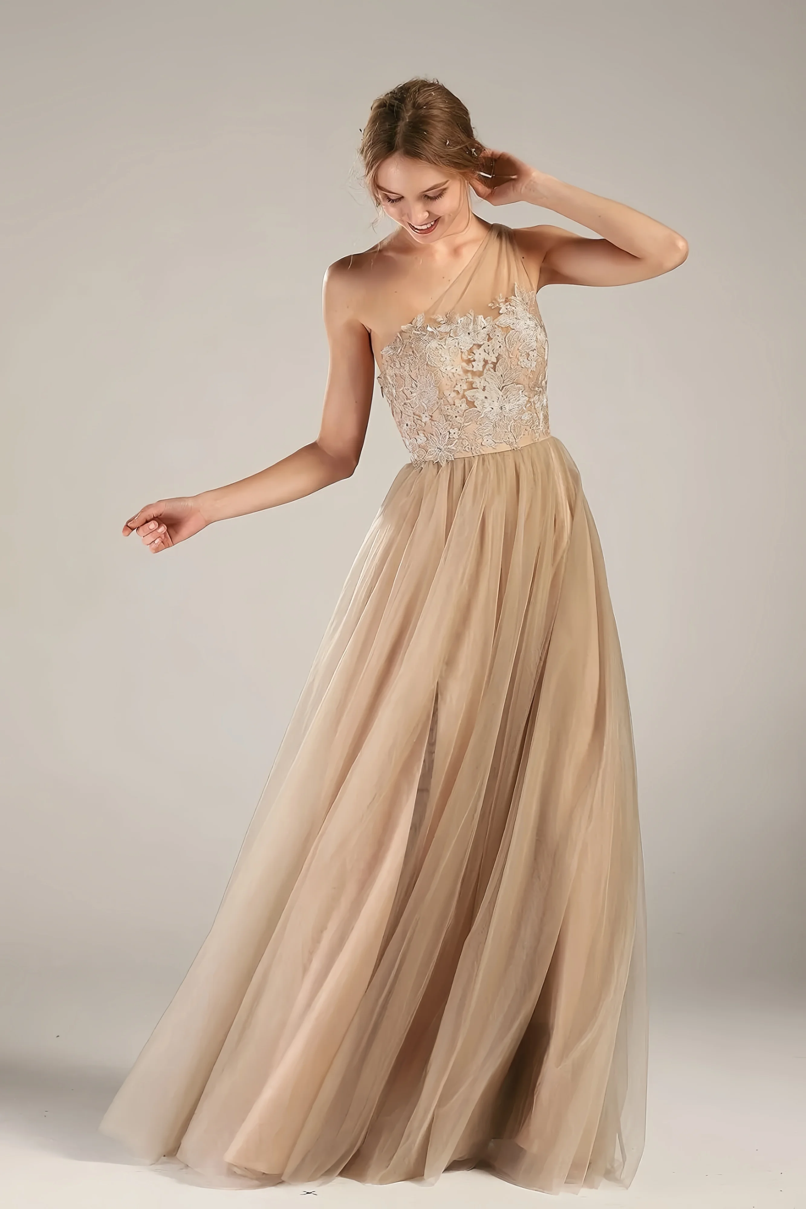 Elegant Khaki Bridesmaid Gown One Shoulder Low Back Sleeveless Lace Tulle With Slit Waist Corset A-Line Wedding Evening Dress