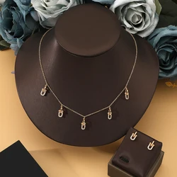 Women New Fashion Copper Zircon Adjustable Choker Necklace Earring Set Geometic Design Wedding Party Jewelry Set