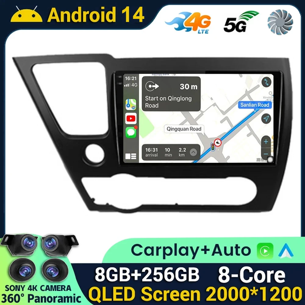 

Android 14 Carplay Auto DSP Car Radio For Honda Civic 9 2013 2014 2015 2016 Multimedia Video Player Navigation GPS Stereo WIFI