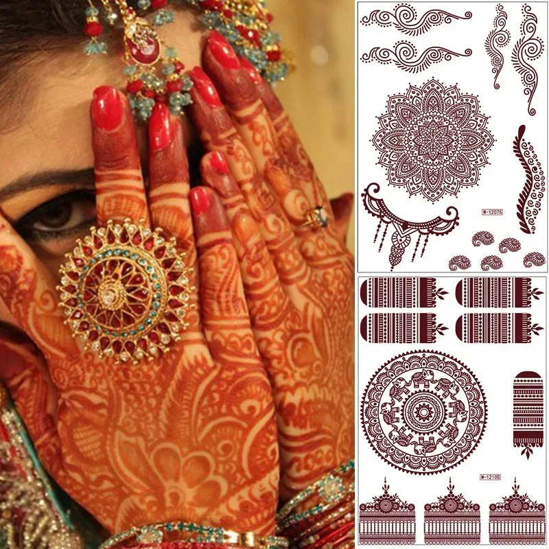 1pcs Red Lace Henna Tattoo Body Sticker Henna Art Temporary Tattoo Hand and Foot for Wedding Eid Al Fitr Coming-of-age Ceremony