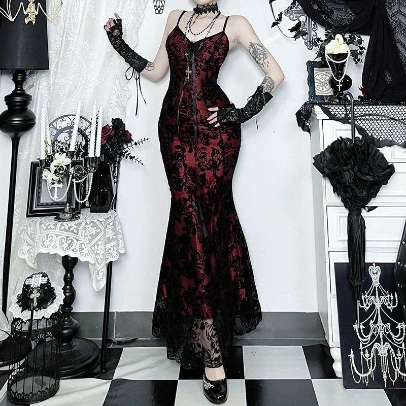 고스 다크 레드 컬러 캐미 프린세스 파티 가운 90년대 E-걸 레이스 스티치 헴 롱 드레스 섹시 백리스 드레스 몰 고딕 테크웨어