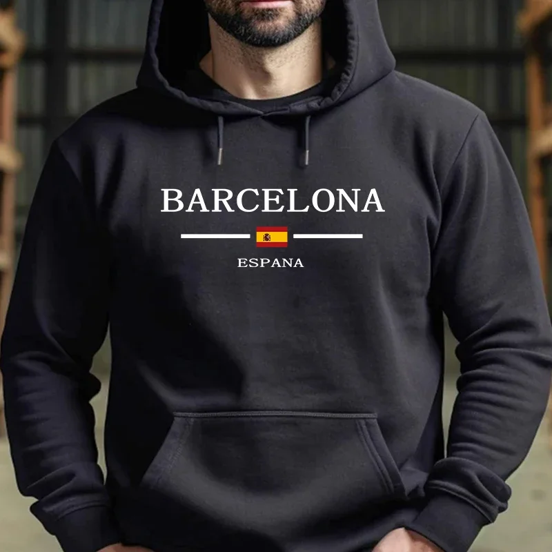 

Men's Hooded Sweatshirts Solid Color Long Sleeved Pullover Barcelona Fashion Male Casual Sports Hoodie Home Outdoor Comfort Tops