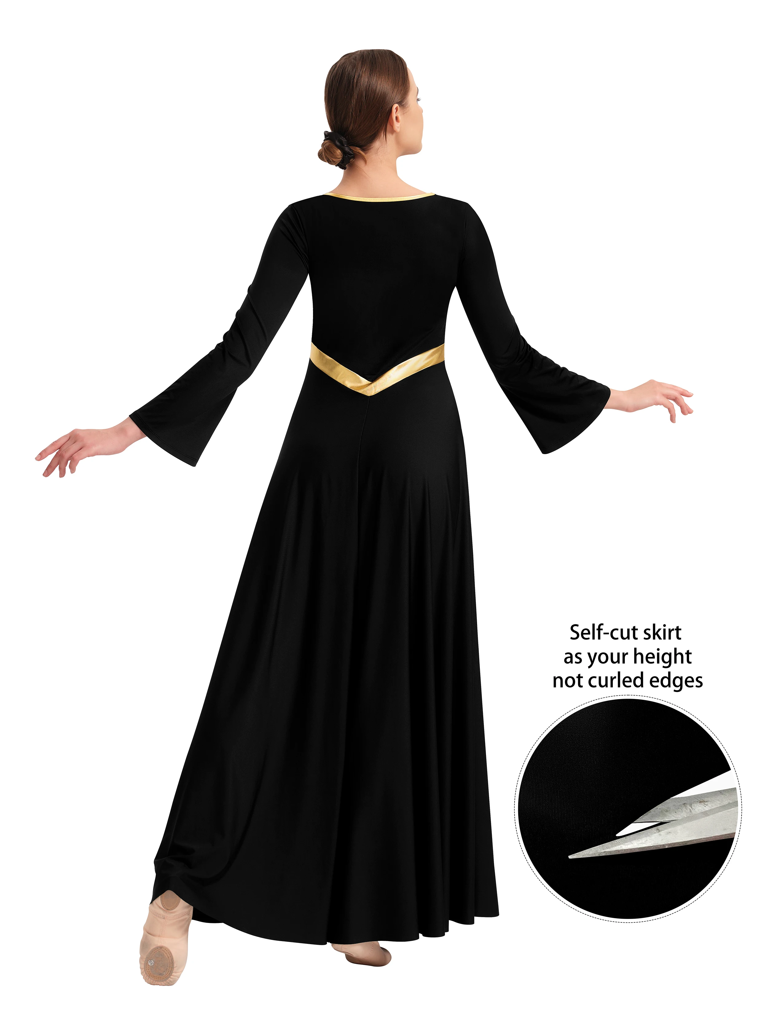 iWomen Abito da ballo di lode con giunture metalliche, taglio libero, costume liturgico da culto a maniche lunghe per adulti con gonna svasata svasata