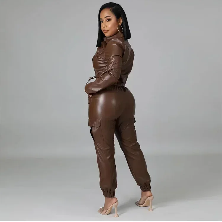 Women Two Piece Set PU Leather Pants Sets Long Sleeve Jacket Work Zipper Coat Pencil Pants Mom Matching Sets Streetwear