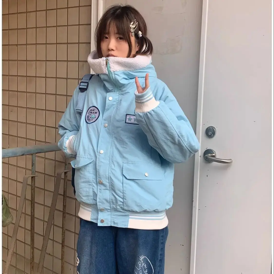 

American Retro Bomber Jacket Hooded Jacket Women Winter New Niche Design Loose Casual Versatile Long-Sleeved Top