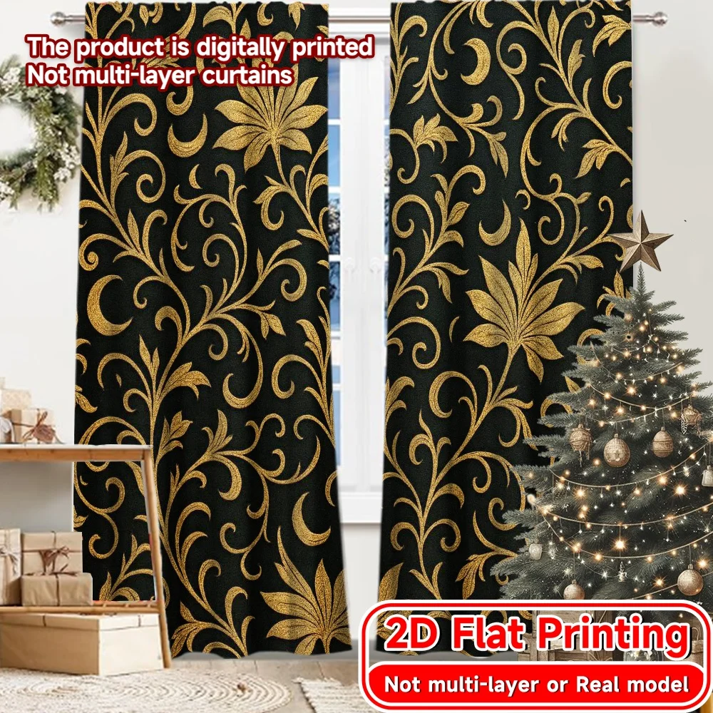 2D Flat Printing,2pcs Golden Mosque Arch Chic Fashionable Curtains Polyester Easy Install Curtains Versatile All Decorative for
