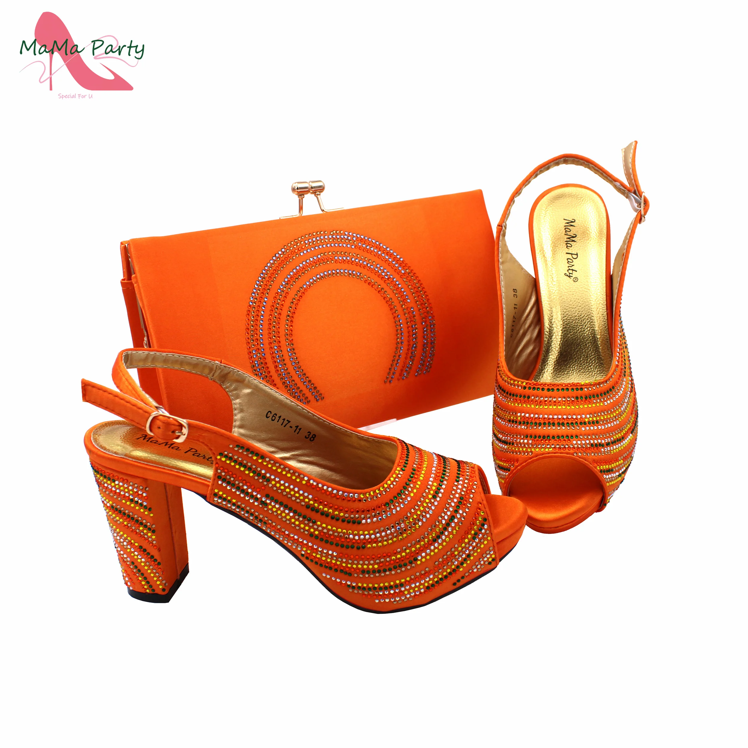 Décolleté maturi di colore arancione Design africano da donna Scarpe e set di borse abbinate con sandali di alta qualità con plateau per matrimonio